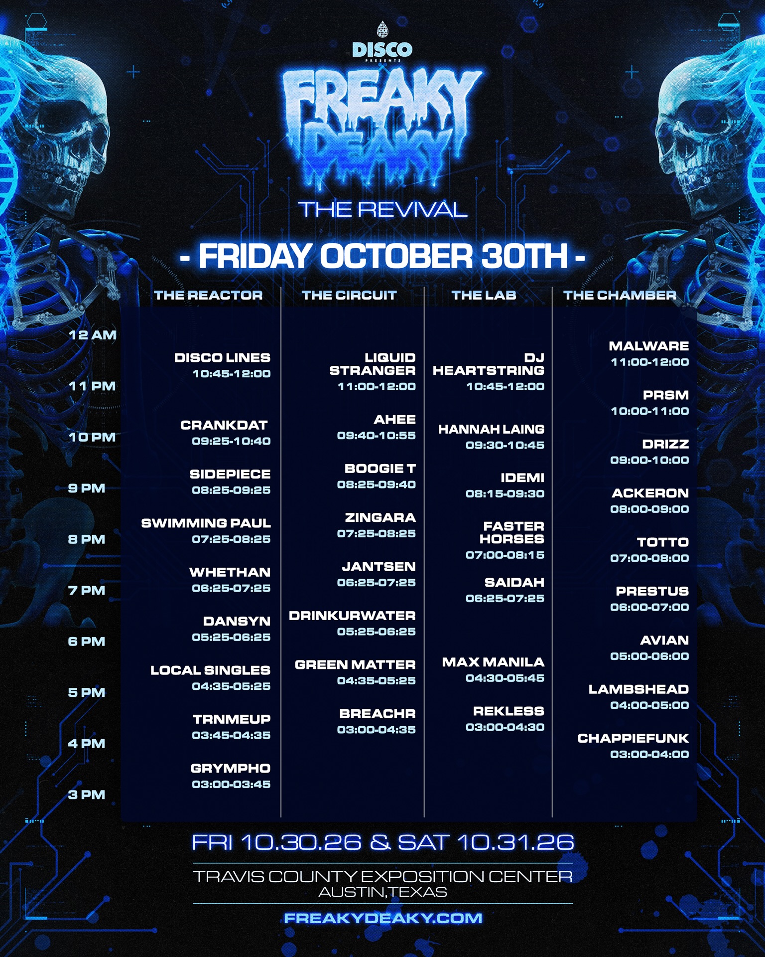 Freaky Deaky 2026 official set times - Friday, Oct 30